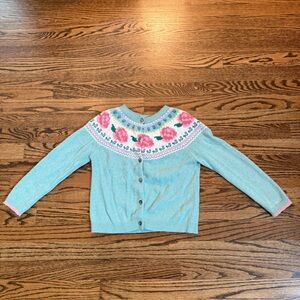 Mini Boden Fair Isle Teal Cardigan with Pink Floral Pattern
